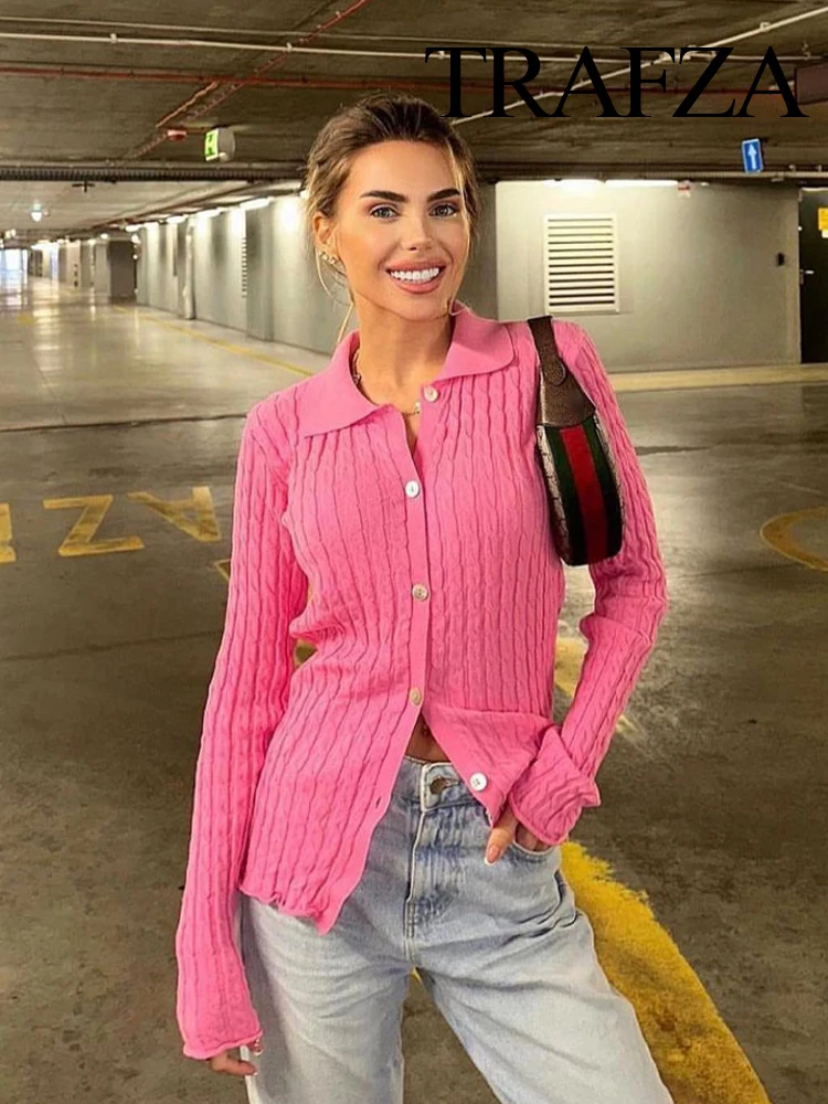 

TRAFZA Sweaters For Women Y2k New Thin Knitting Front Button Cable Stripe Female Tops Soft Comfortable Long Slim Mujer Cardigans