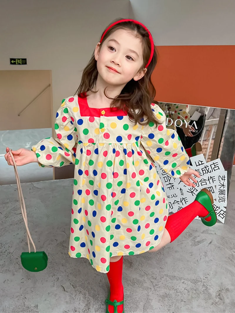 

Spring Summer Polka Dot Baby Girls Dress Korean Fashion O-neck Lantern Sleeve Mid-length Kids Vestidos Children's Clothing 1-6Y