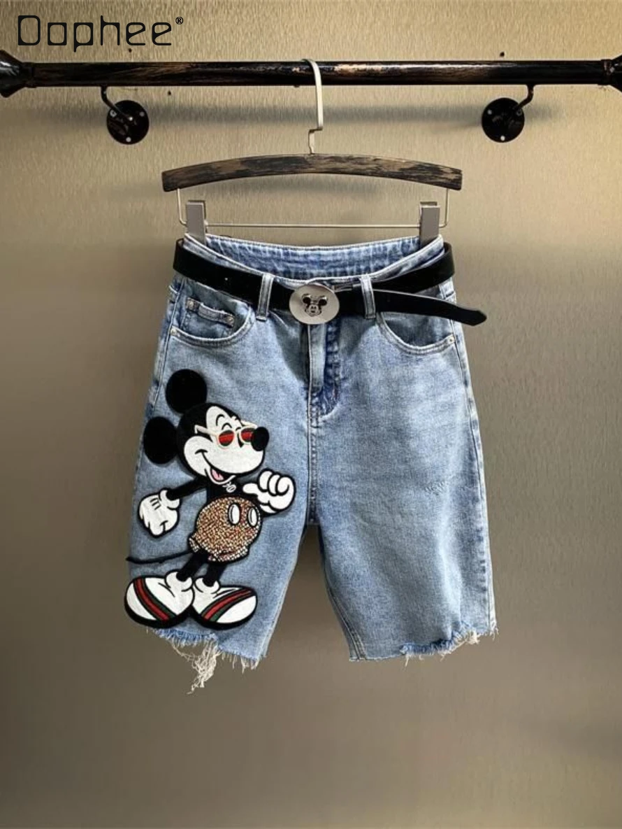 

Street Style Stretch Cotton Denim Shorts Female Summer Thin Cartoon Embroidered Shorts Skinny Frayed Hem Shorts Womens Shorts