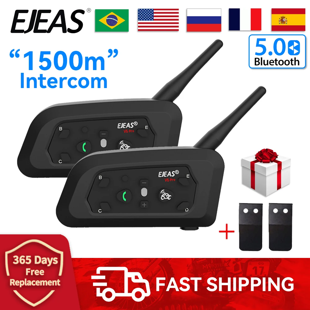EJEAS V6 Pro Intercom 1500m Motorcycle Bluetooth Wireless Helmet Headset CSR Chip 2.4GHz FM 6 Riders GPS Hands-Free Waterproof