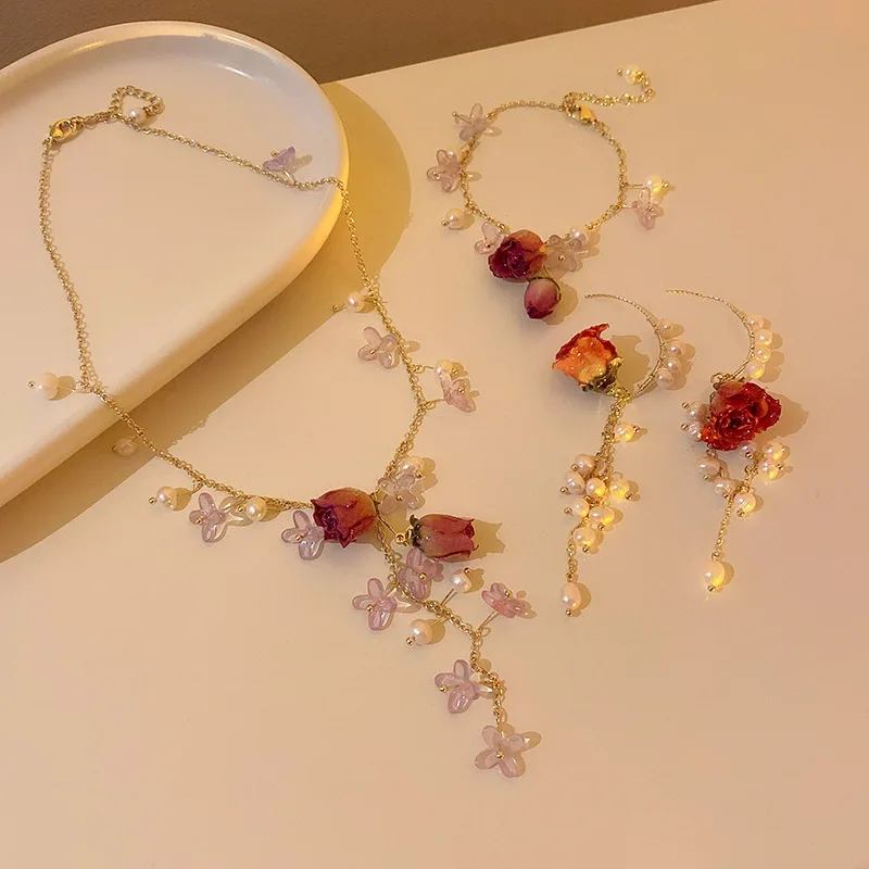 

Korean Fashion Flower Pearl Bracelet Necklace Earring Set Rose Temperament Gentle Collarbone Chain Earrings Female