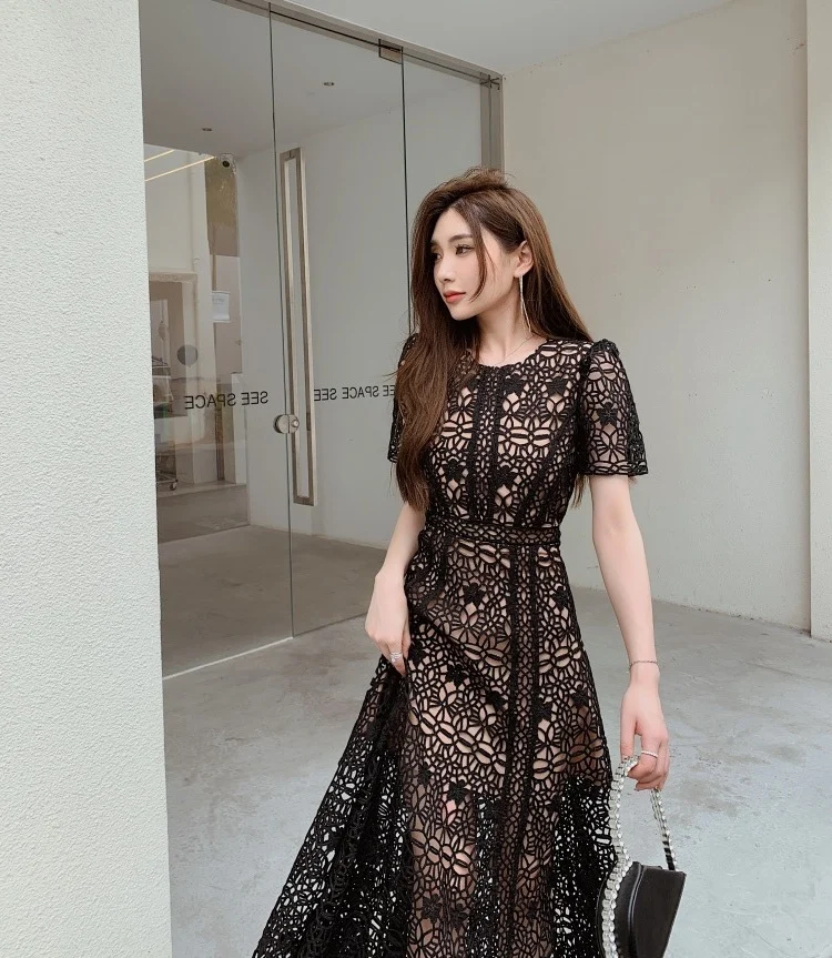 Autumn And Winter New 2023 Women's ClothingBlack Lace Heavy Industry Crochet Puff Sleeve Large Skirt Dress 1021