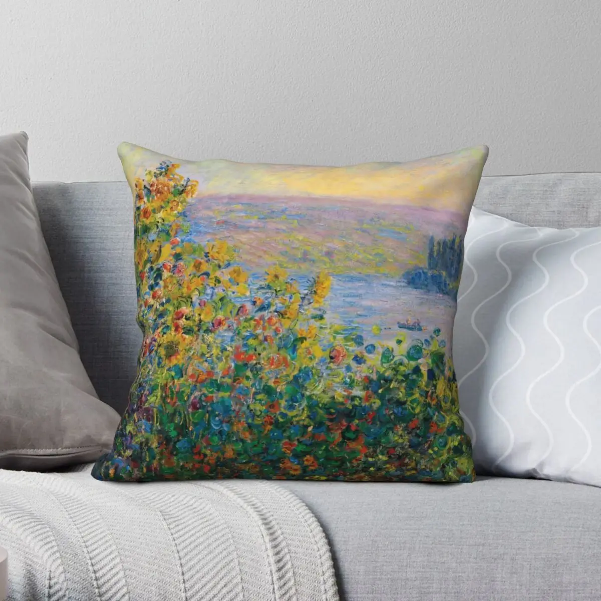 

Flower Beds At Vetheuil Square Pillowcase Polyester Linen Velvet Pattern Zip Decor Pillow Case Sofa Seater Cushion Cover 18"