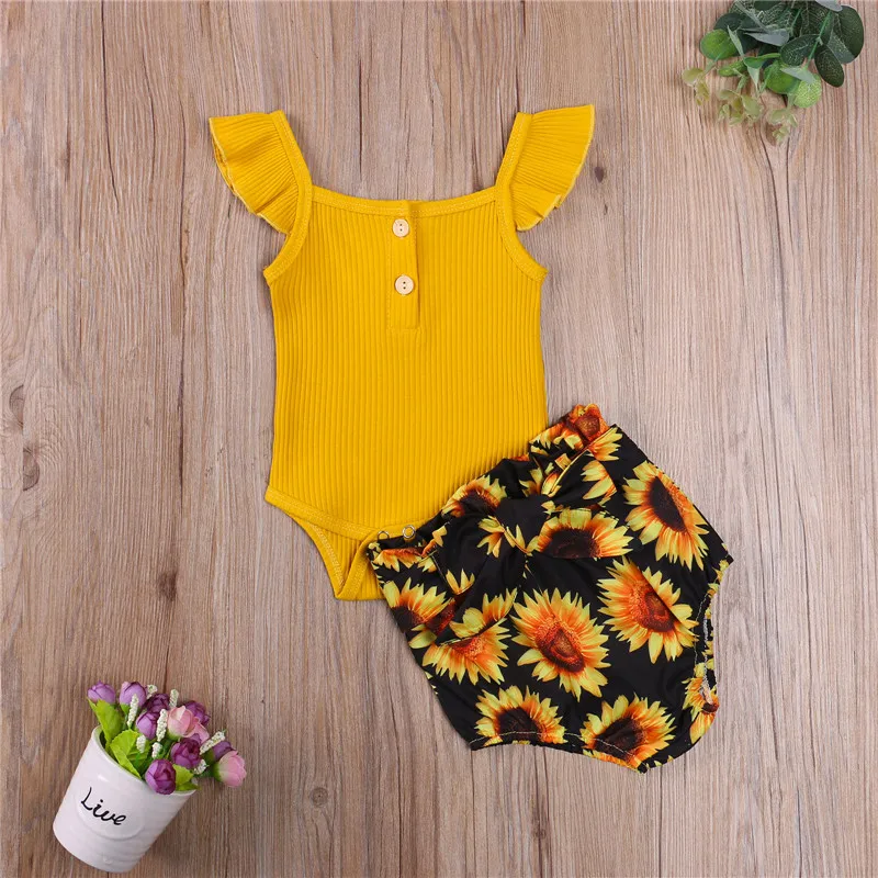 

3Pcs Infant Summer Outfits Baby Girl Ribbed Fly Sleeve Square Collar Button Romper + Sunflower Print Shorts + Belt