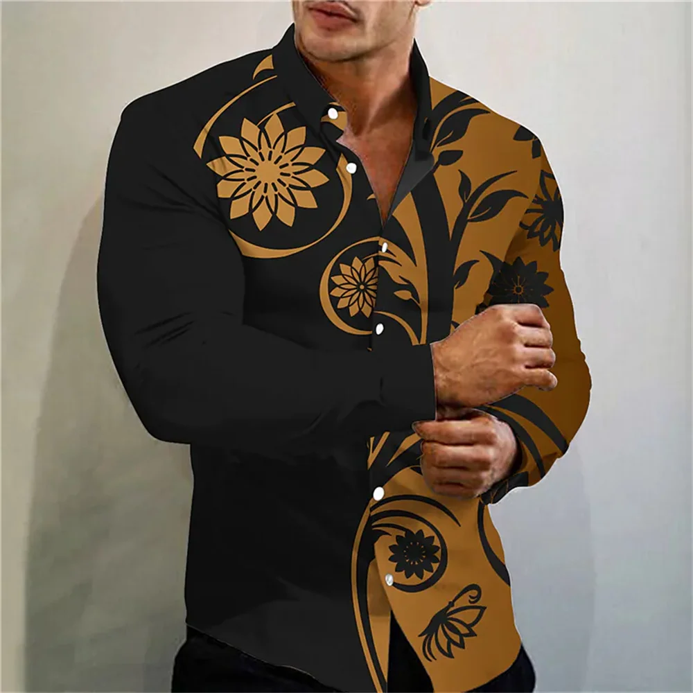 2023 New Men's Luxury Prom Fashion Social Flower Print Polo Single breasted Costume Designer Long Sleeve Men's Shirt Top