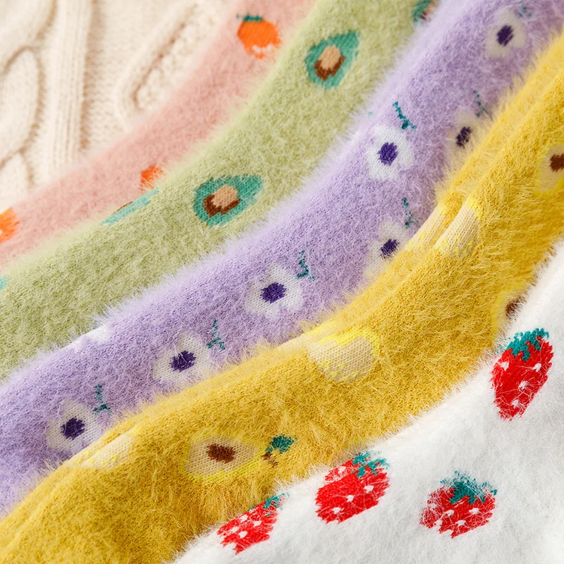 Cute Cartoon Winter Kawai Fluffy Socks for Women Warm Thick Sleep Socks White Strawberry Green Girls Socks Thermal Fuzzy Socks