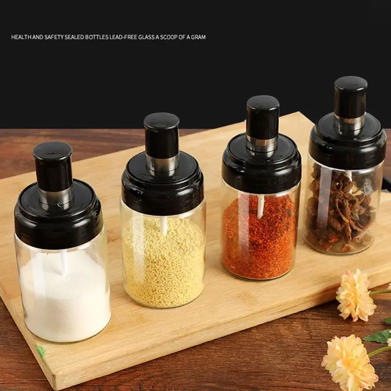 

250ml Glass Seasoning Bottle With Spoon Cover Kitchen Spice Bottles Pepper Spoon Oil Brush Honey Container Kitchen Tools