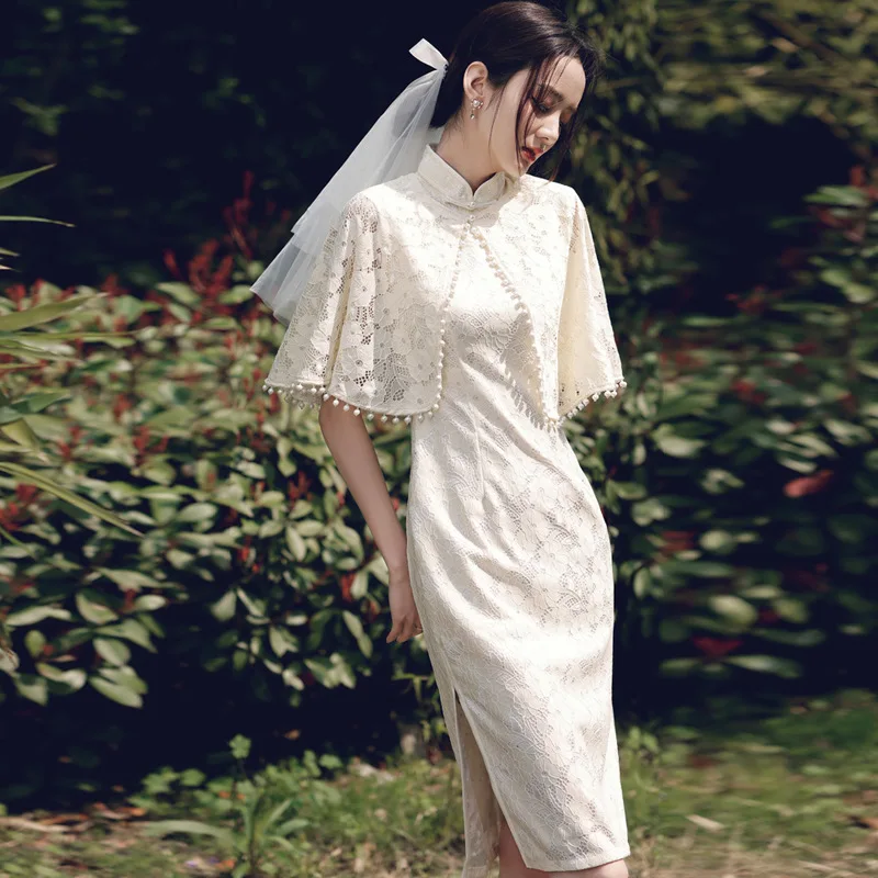 

2022 Summer Chinese Style Lace Side Slit Wedding Cheongsam With Pearl Shawl Cloak Sweet Improved Modern Dress Qipao For Women