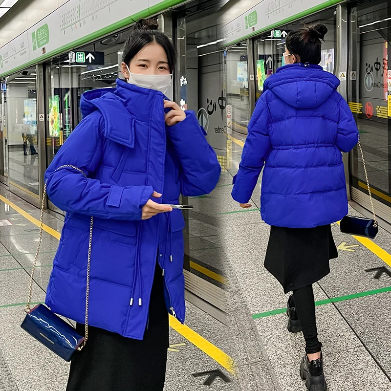 Winter Women Hooded Down Coat Lady Soft Loose Down Cotton Jacket Blue Adjustable Waist Parkas Outwear