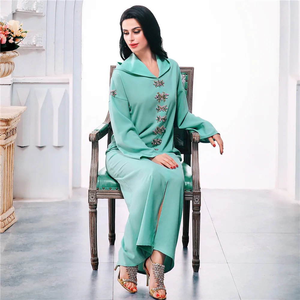 Women's Robe Tibetan Blue Handmade Diamond Hooded Dress Muslim Maxi Dress 2022 New Kaftan Abayas Djellaba Moroccan Vestidos