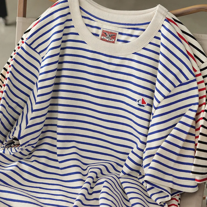Camiseta japonesa Retro de manga corta a rayas de mar para hombre, camiseta a la moda 100% de algodón con cuello redondo, Tops informales lavados