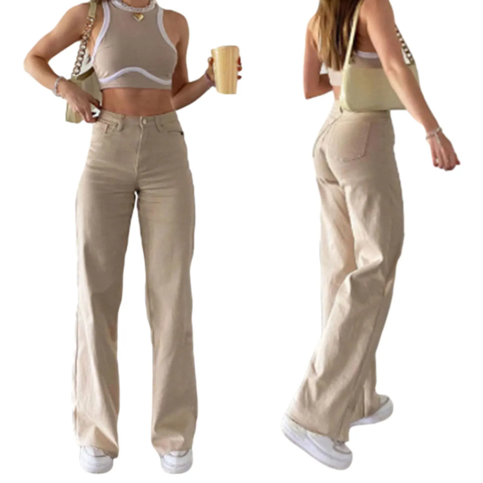 

Women Wide Leg Flare Jeans, High Waist Solid Color Loose Denim Pants with Pockets