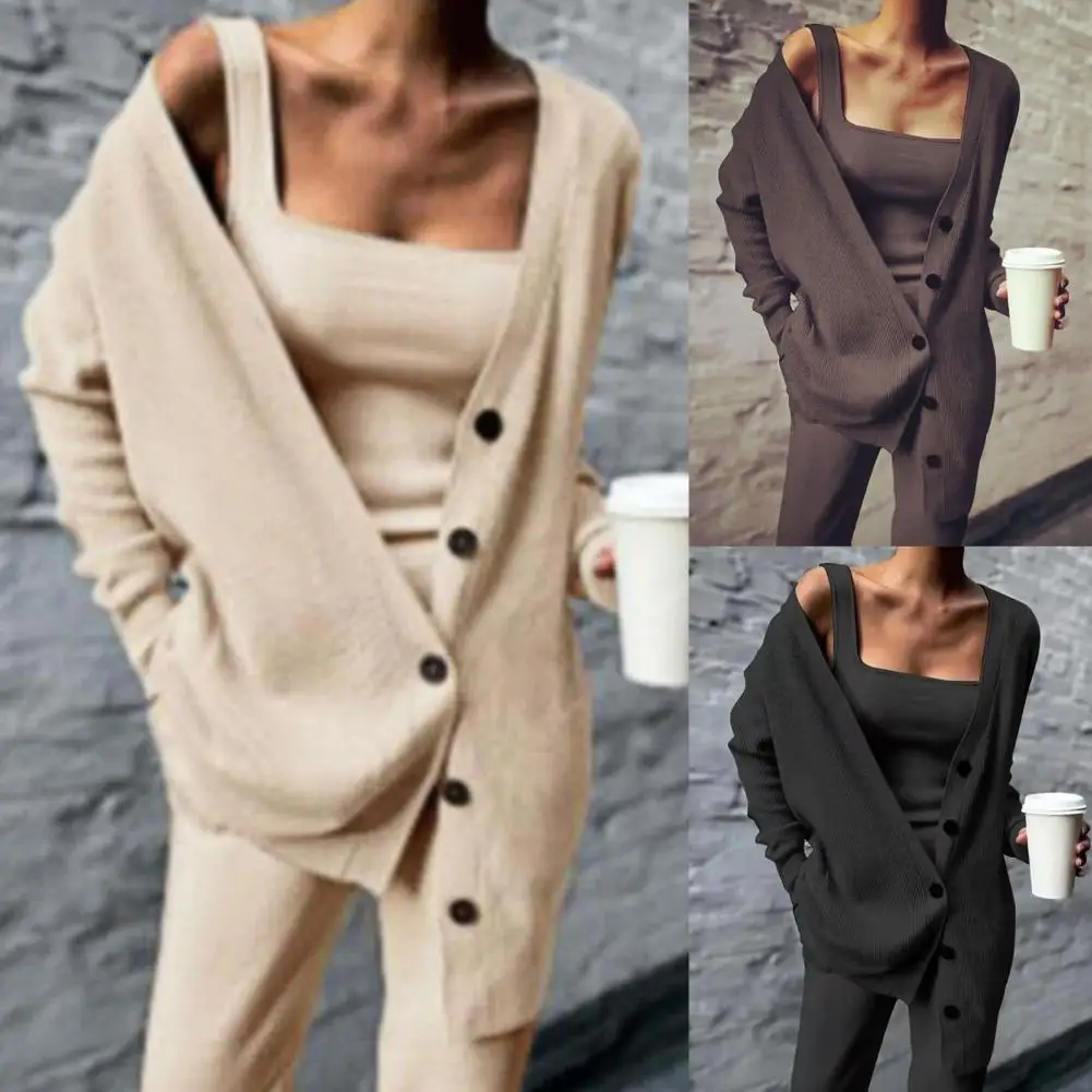 

Lady 1 Set Temperament Long Sleeve Knitted Vest Cardigan Pants Set Three-piece Yoga Outfit Suit V Neck Coat Streetwear