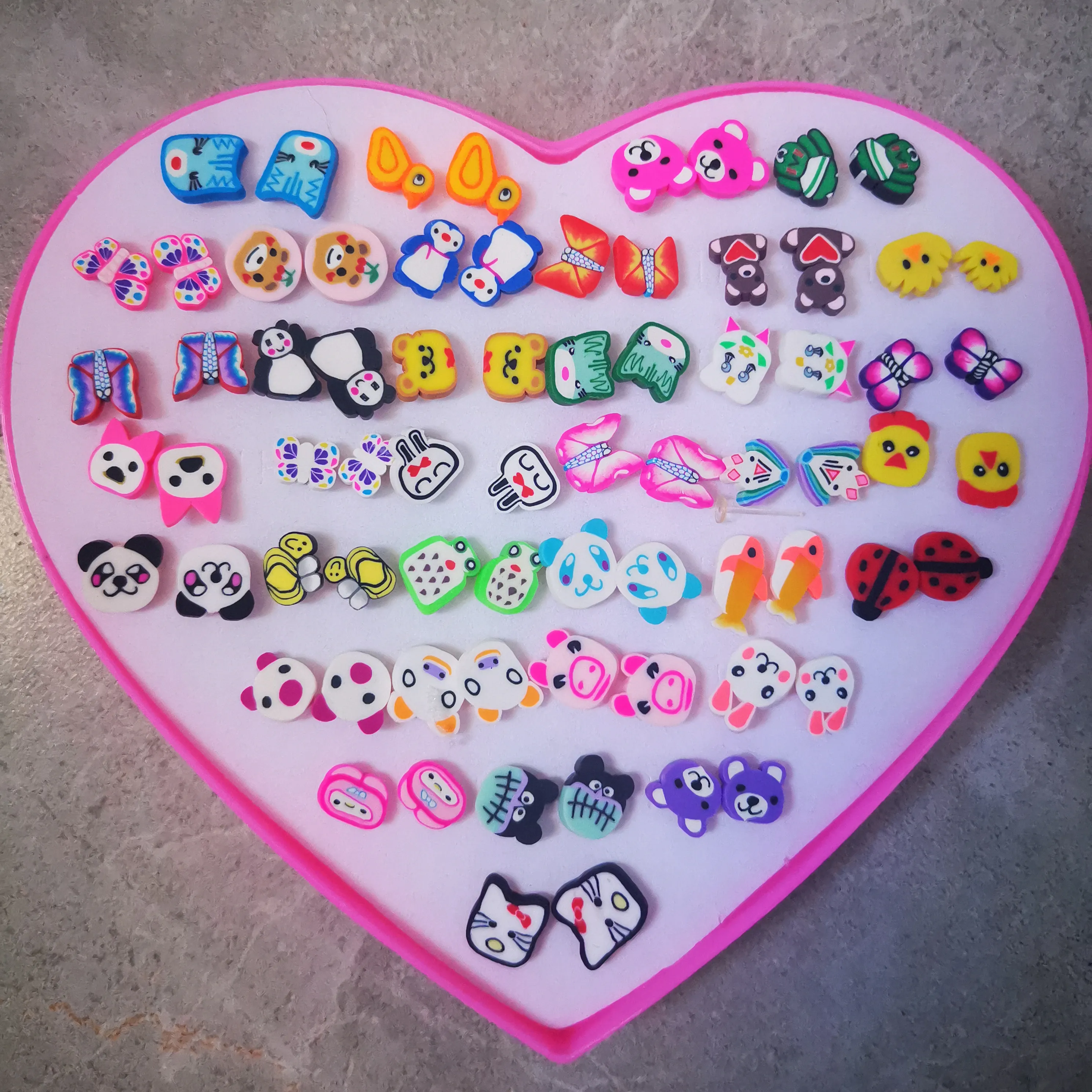 36 Pairs/set Handmade Earrings Girls Fruit Animal Clay Earring Stud Sets Childen Earring Set Mix With Heart Box Earrings Jewelry