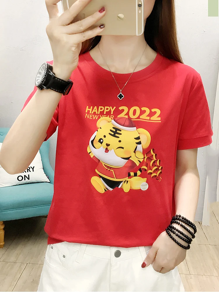 

Модные красные футболки BOBOKATEER с принтом тигра, Женская хлопковая Футболка с круглым вырезом, женский топ с коротким рукавом, Летняя женская ...