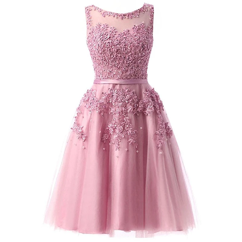 

2022 Romantic Short Formal Party Dress Sleeveless O-Neck Beading Prom Dress Tulle Lace Applique Evening Dress Vestidos De Noche