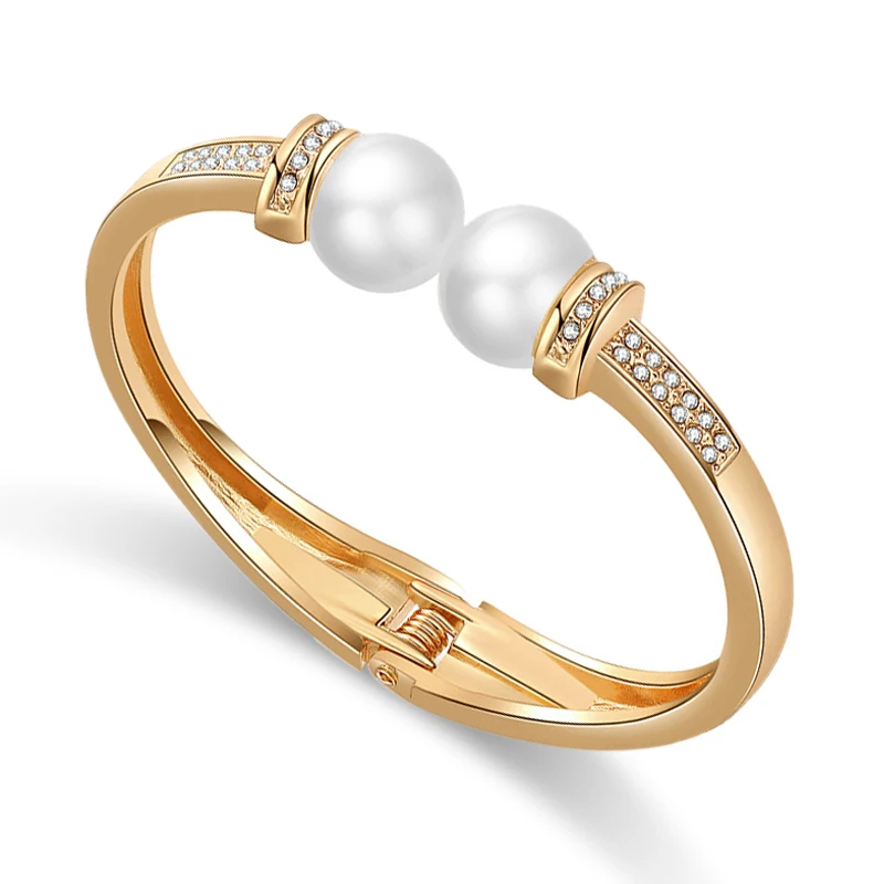 

HAHA&TOTO New Double Symmetric Pearls Bangle for Women Gold Plating with AAA Rhinestones Exquisite Simple Cuff Bracelet Jewelry