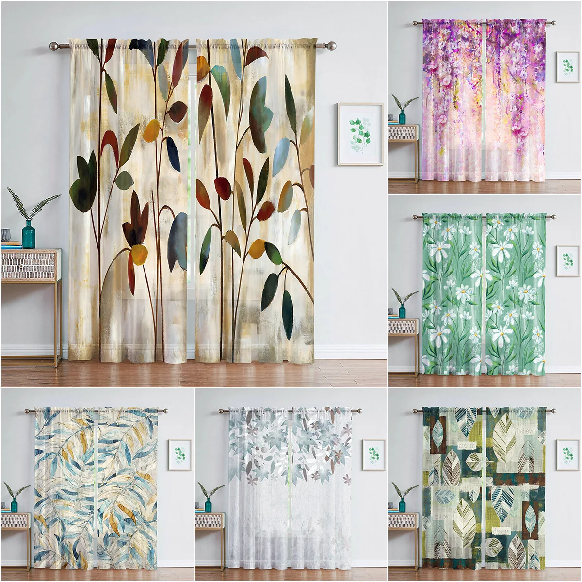 

3d Digital Printing Bedroom Living Room Window Curtains 2 Panels Soft Light Oil Painting Flower Style