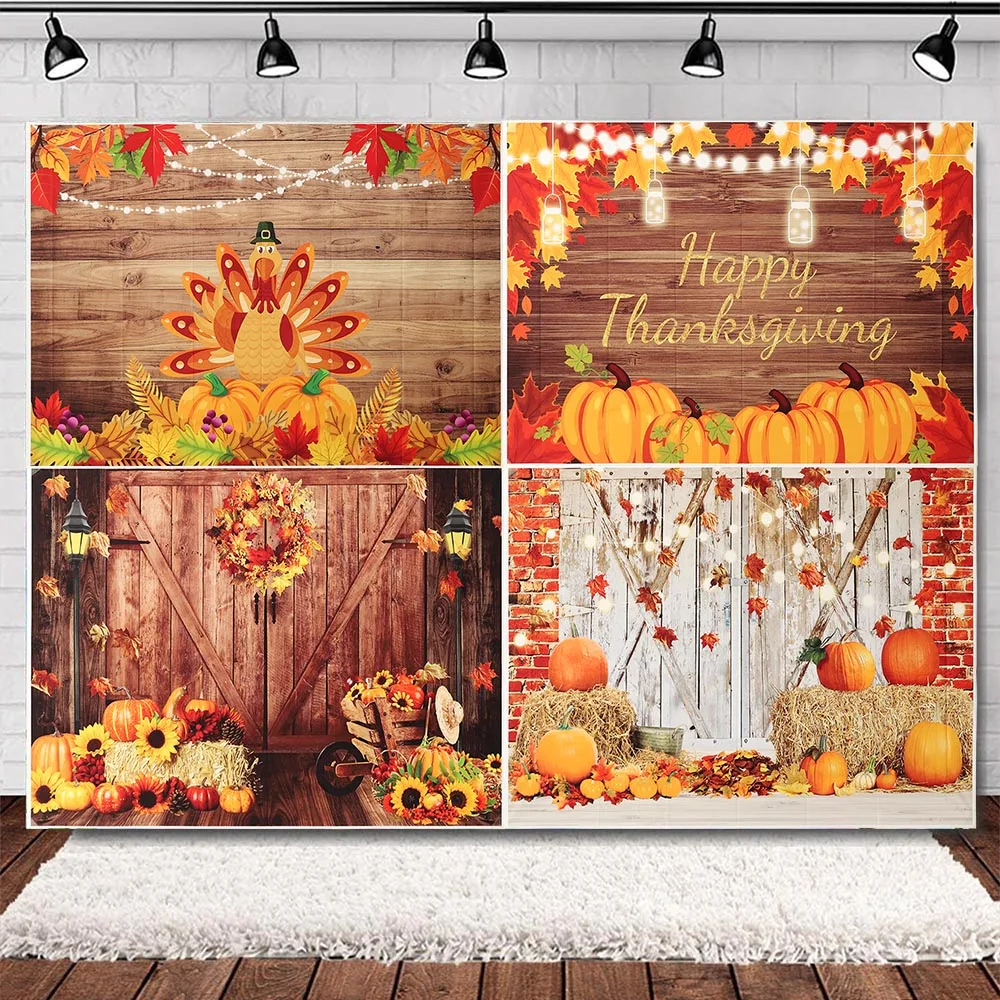 

Fall Pumpkin Photography Backdrops Thanksgiving Autumn Barn Harvest Haystack Rustic Wood Maple Leaves Turkey Sunflower Backgrou