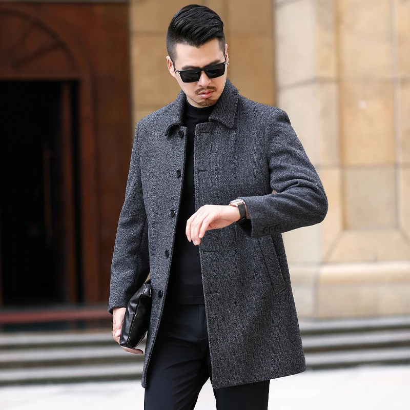 

Autumn and Winter High-End Solid Color Men's Woolen Trench Coat Coat Mid-Length Korean Style Trendy Woolen Coat Men