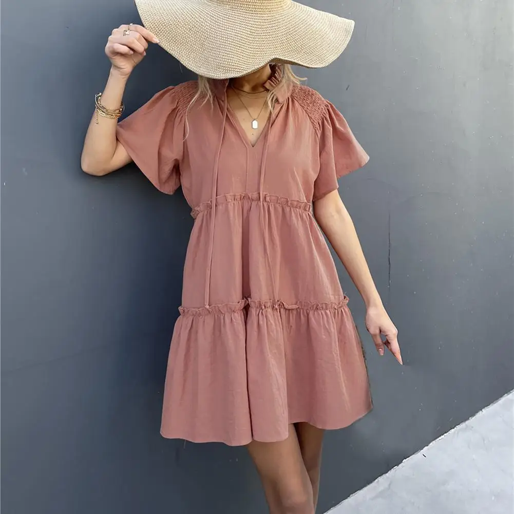 

Women Dress Pleated Lace-up Summer Bandage A-Line Mini Dress Wavy Edge Bandage Dress