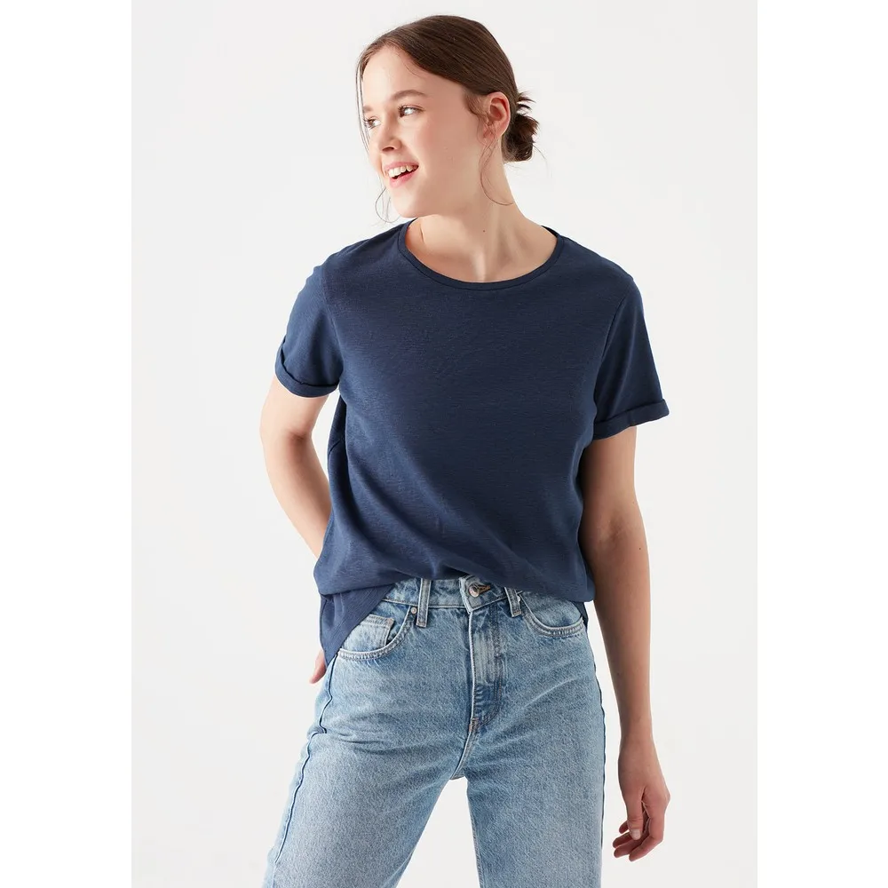 

Women's Navy Blue Basic T-Shirt 1600962-33513 T Shirt Y2K Top Nostalgic Summer Women T-Shirt Anime Bluz