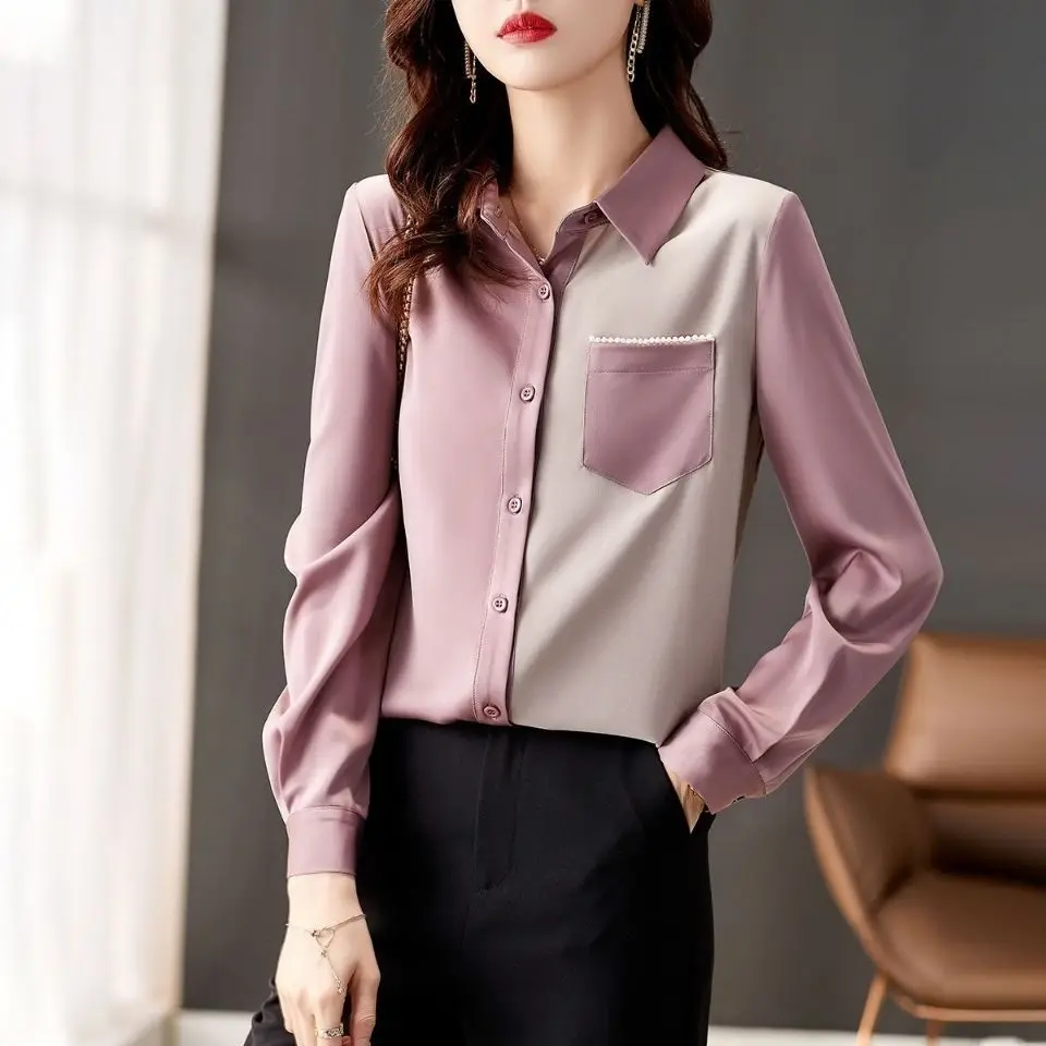 Women Blouses Patchwork Chiffon Shirt Solid Pockets Casual Office Lady Korean Fashion Elegant Shirts Long Sleeve Loose Tops