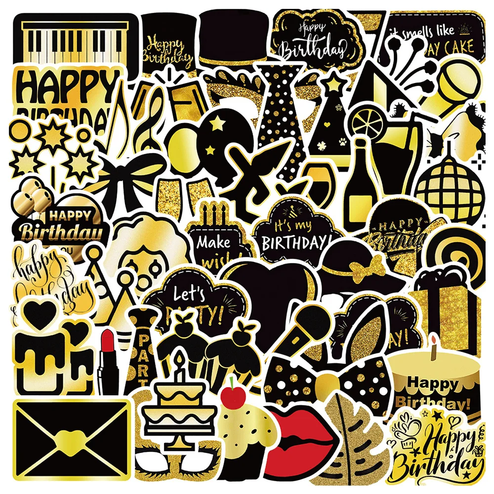 

50pcs Black Gold Birthday Party Stickers For Phone Guitar Laptop Helmet Ipad Scrapbook Stationery Gift Sticker Craft Supplies