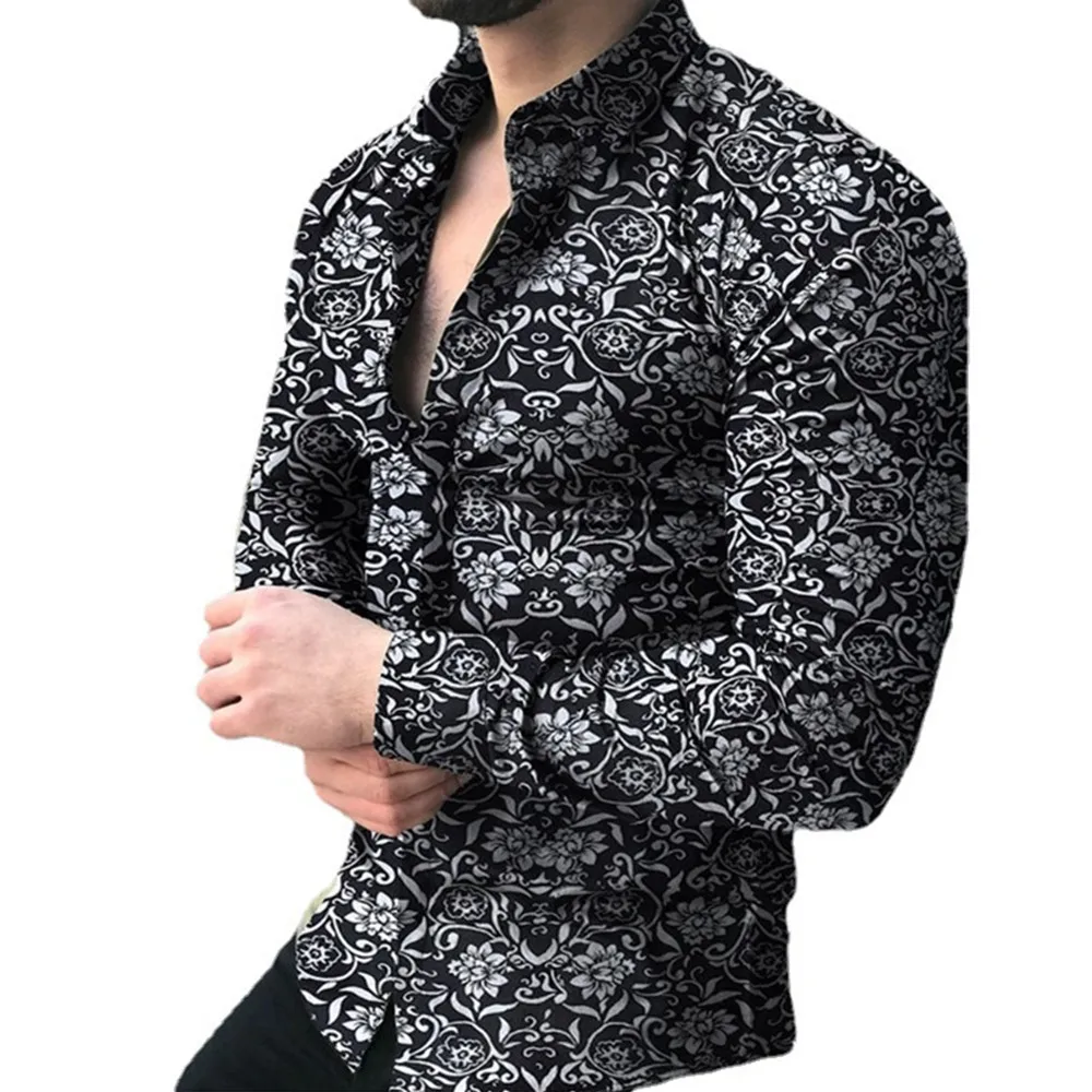 M-5XL Men's Floral Print Shirts Long Sleeve Casual Blouse Flower Hawaiian Slim Fit Dress Shirt Men Clothing