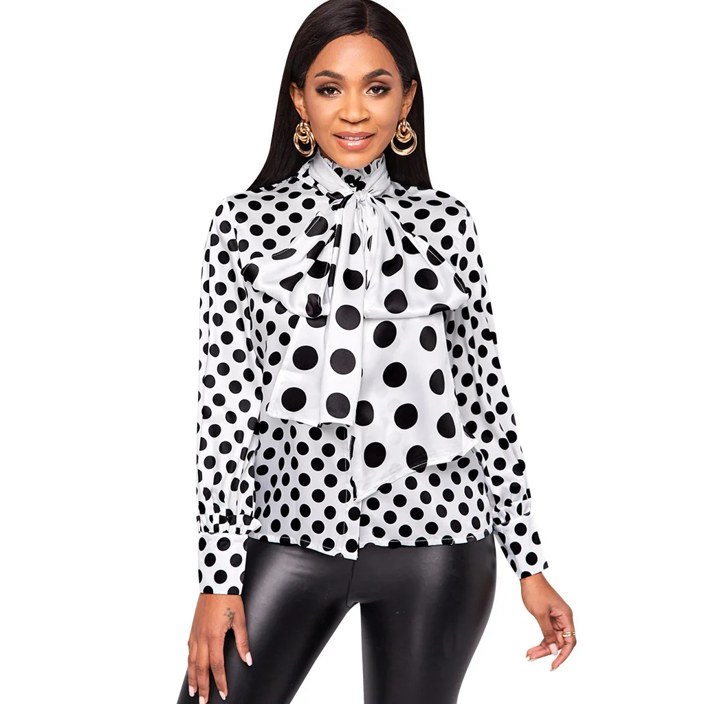 

Casual Elegant Women Long Sleeve Shirt Female Doted Tees Girl's Sweet Bow Knot Tops Lady's Streetwear Shirts