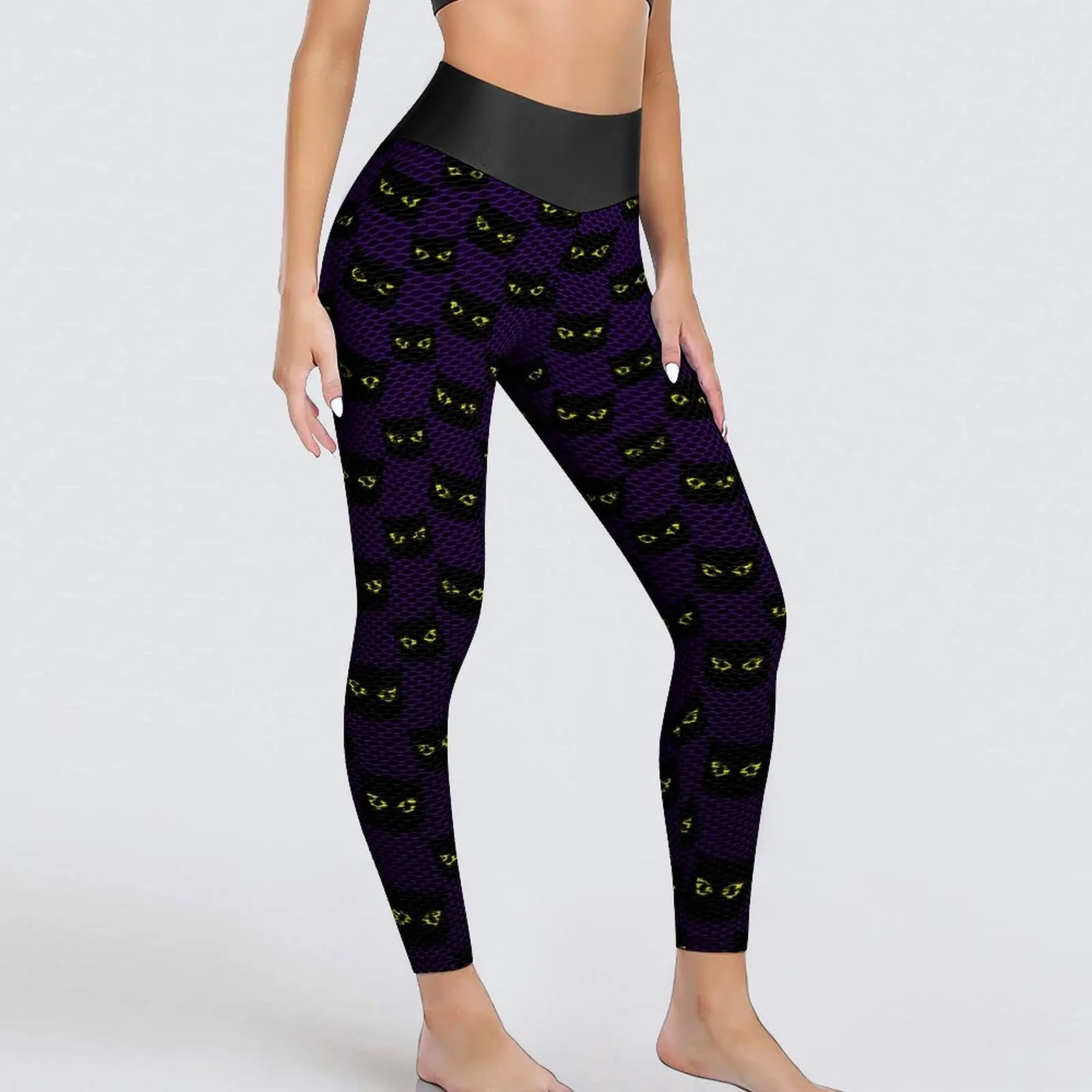 Black And Purple Cats Leggings Sexy Halloween Print Gym Yoga Pants High Waist Seamless Sports Tights Female Retro Design Leggins