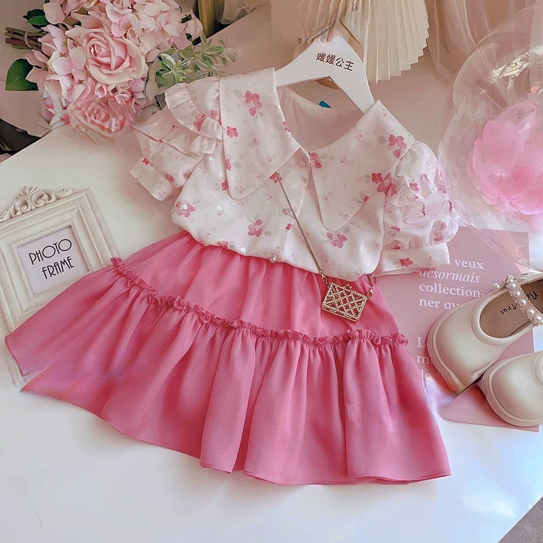 

2023 Girls Sets Blouses Turn-down Collar Puff Sleeve Tiered Skirts Above Knee Length A-line Cotton Sweet Cute Lovely Girls