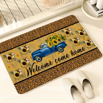BlessLiving Sunflower Carriage Small Carpet Yellow Flower Blue Car Anti-Slip Doormats Area Rugs Leopard Print Floor Mats 2