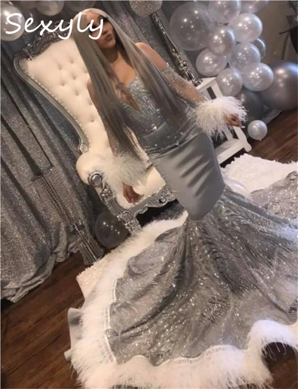 

Luxury Black Girls Feather Prom Dress With Sleeves Mermaid Satin Sequin Nigeria African Evening Gowns Fishtail Formal Occasion