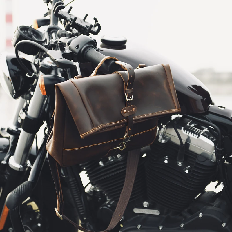 Vintage  Leather Motorcycle Men's Messenger Bag Crazy Horse Leather Folding Cover Shoulder Bag Luxury Cowboy 14