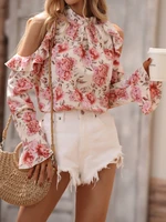 elegant floral print blouse women casual pink long sleeve top commute chic fashion off shoulder women shirts spring summer 2022