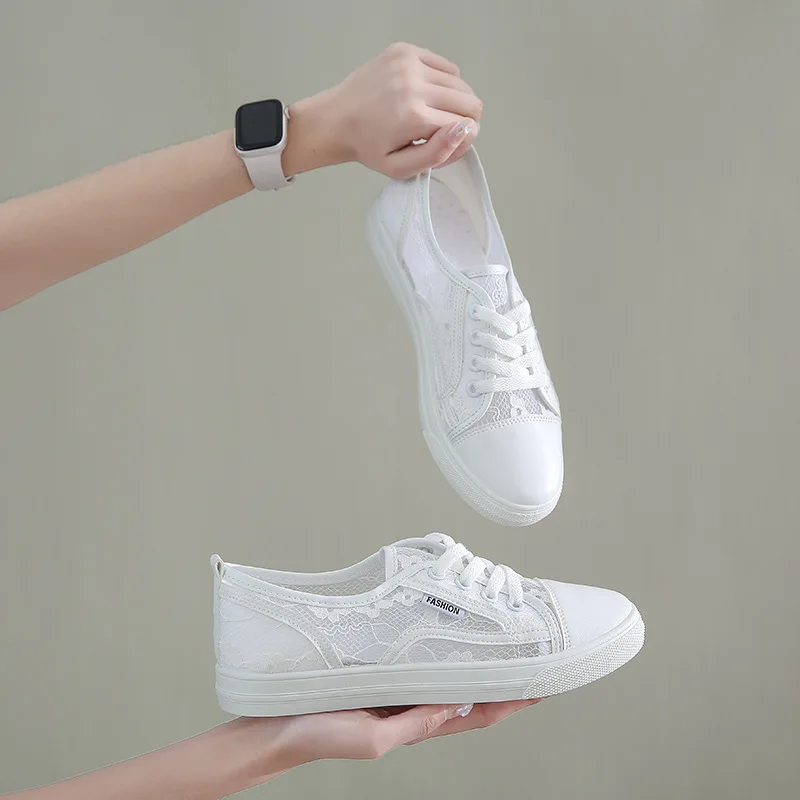 

Sexy Lace White Shoes Women Flats Sneakers Summer 2022 New Female Causal Shoes Black Canvas Vulcanize Sneakers For Women