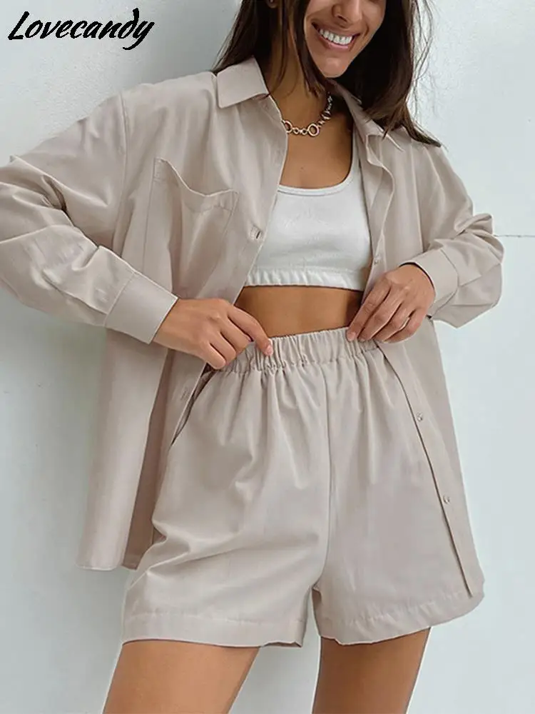 

Повседневный Женский комплект из двух предметов с шортами, Свободный Топ с длинным рукавом и шорты с высокой талией, женская одежда для отды...