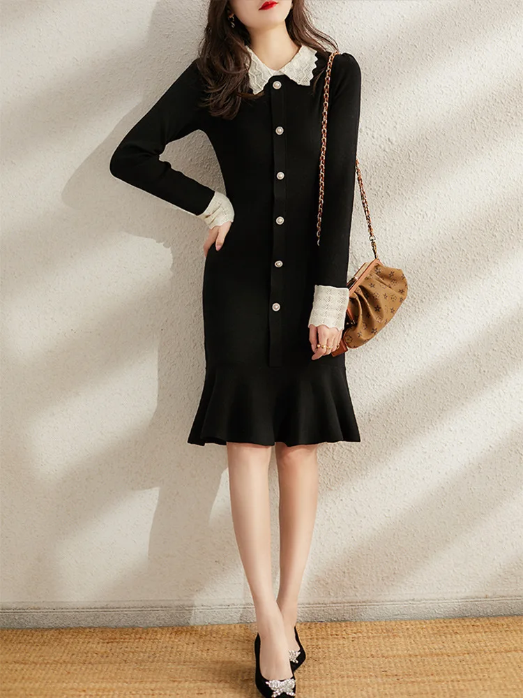 

Осенне-зимнее женское маленькое Элегантное трикотажное платье с тонким кукольным воротником в стиле Хепберн ветер средней длины рыбий хвост маленькое черное платье