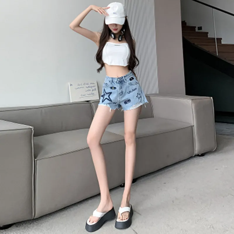 BULOCHOVA Blue High Waist Loose Hole Denim Shorts For Women Embroidery Wide Leg Hot Short Pants Jeans Female Large Size 2023 New