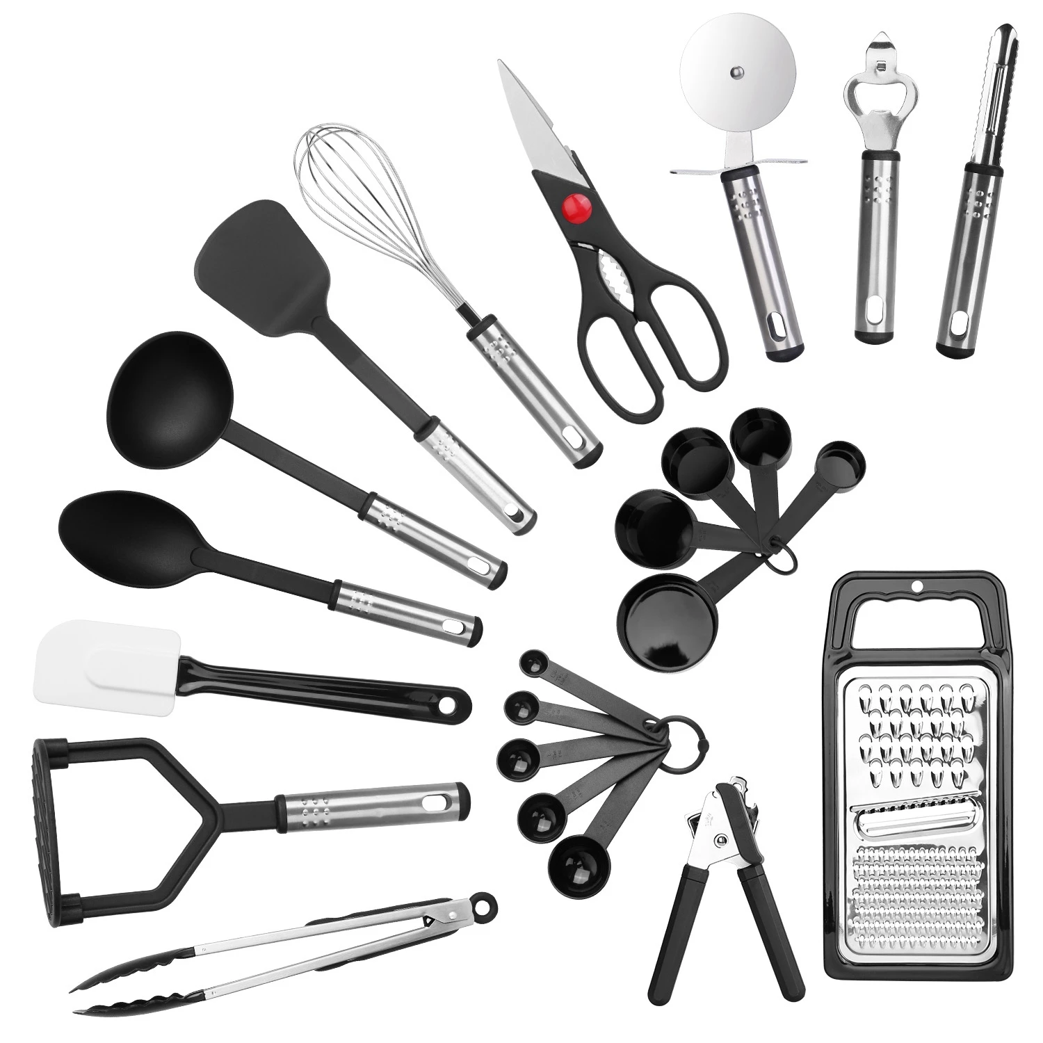 

23Pcs Stainless Steel Nylon Cookware Set Heat Resistant Tool Kit Kitchen Accessories Tongs Peeler Black