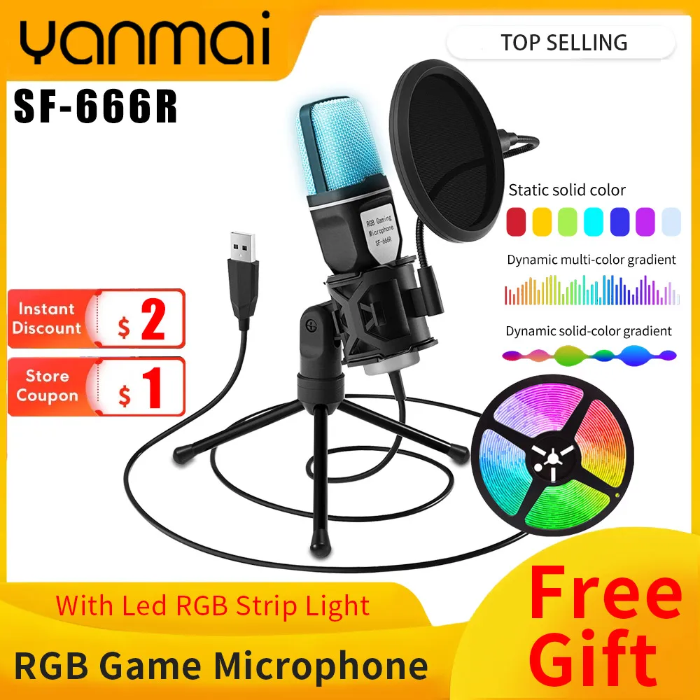 Free Shipping USB Microphone RGB Microfone Condensador Wire Gaming Mic for Podcast Recording Studio Streaming Laptop Desktop PC