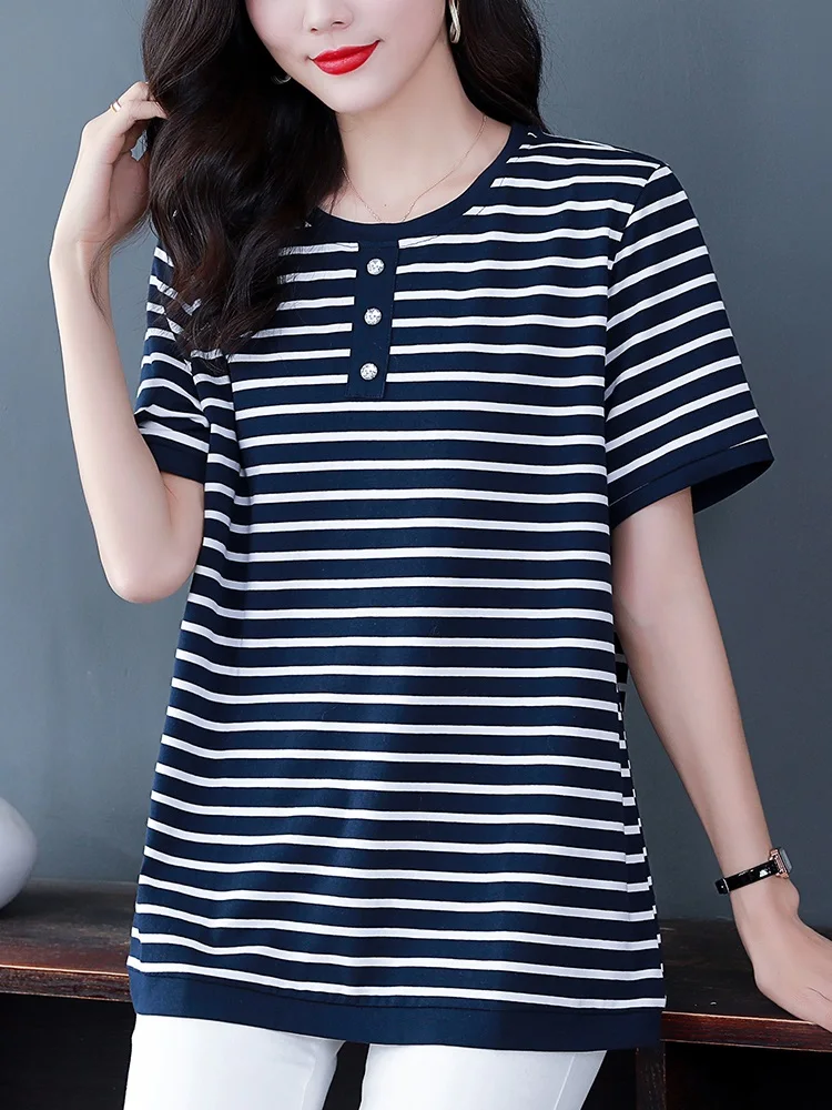 Летняя одежда для пожилых людей футболка в полоску из чистого хлопка женская с