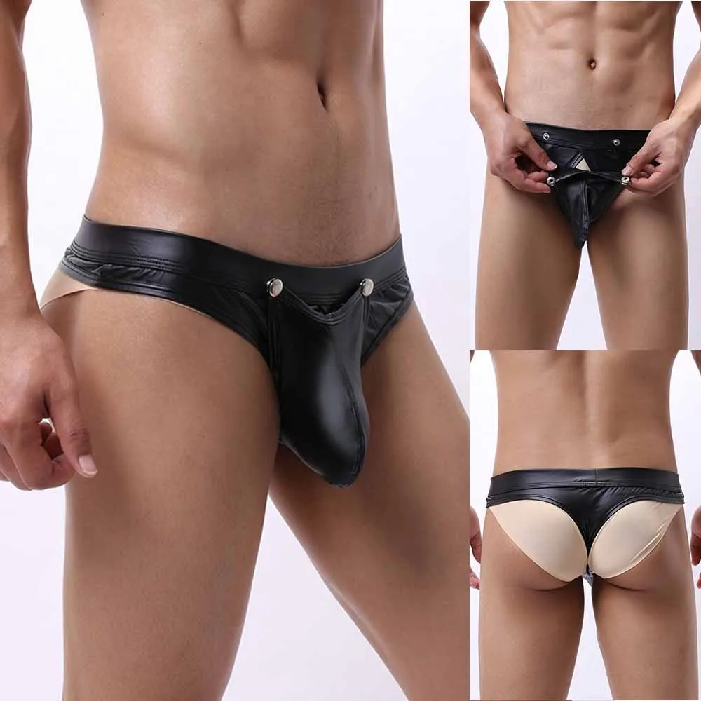 

Mens Sexy Elastic Thong Briefs Faux Leather Wet Look Removable Pouch Low Waist Underpant Breathable Underwear Intimates