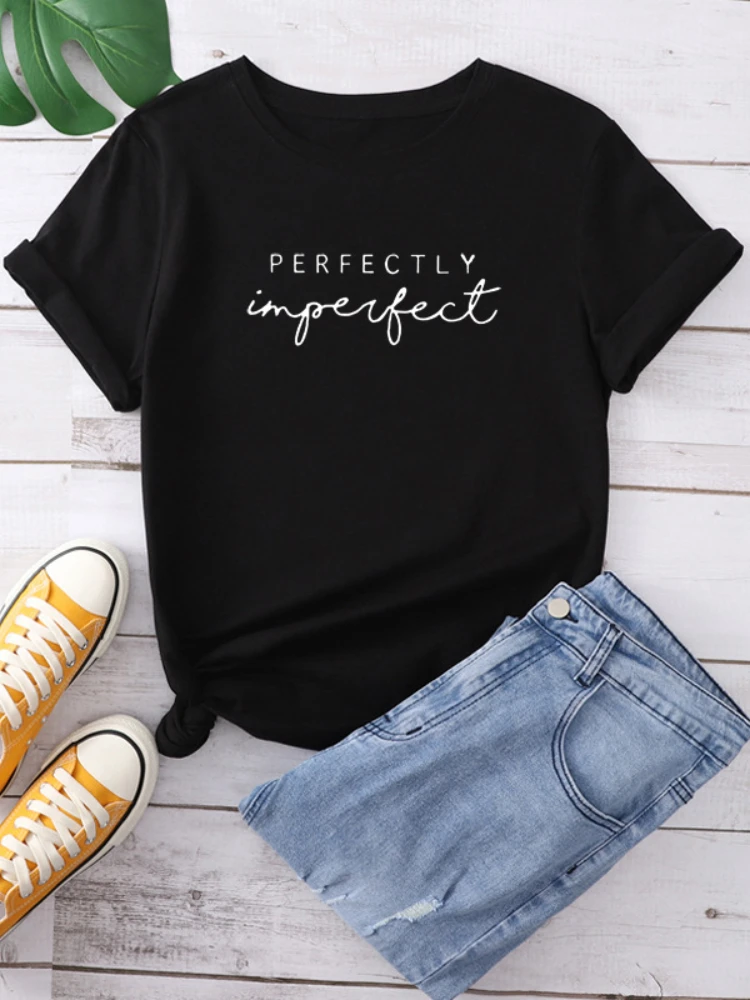 

Perfectly Imperfect Letter Print Women's T-shirt Harajuku Casual Short Sleeve Black T-Shirt Female Summer Street Clothes Girl