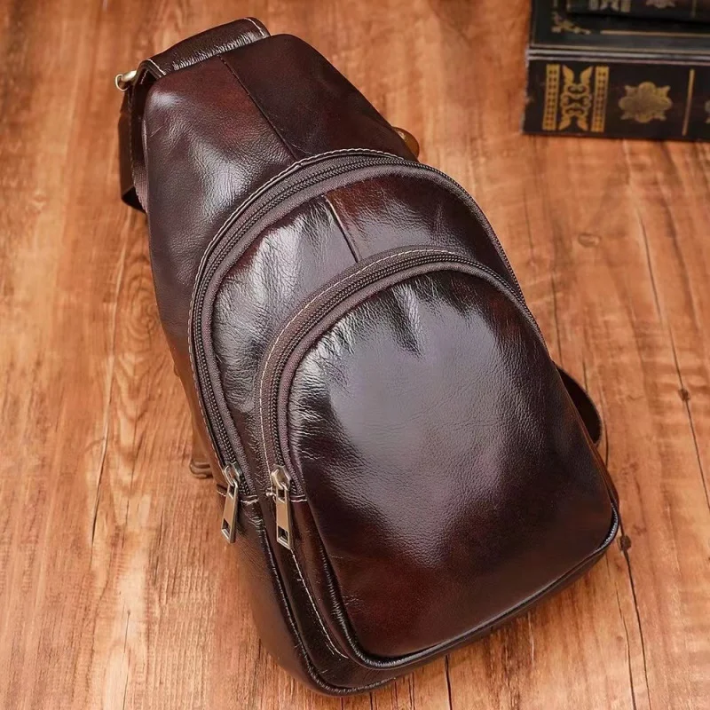 Genuine Leather Large Capacity Men Chest Bag Luxury Cowhide Chest Pack Retro Male Shoulder Crossbody Bag Business Sling Bag