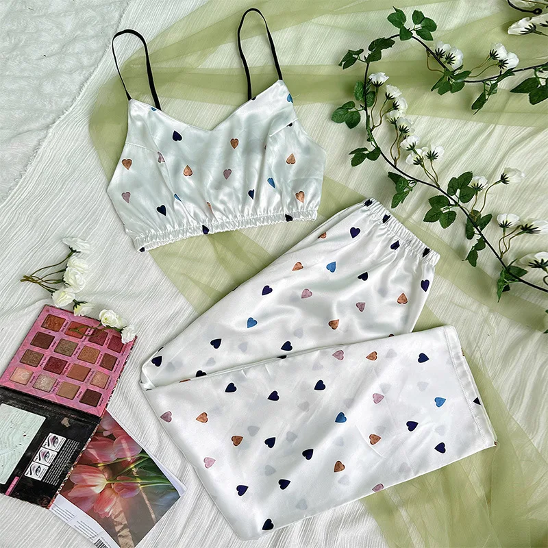 New Pajamas Set Simple Fashion Suspender Nightdress Sexy Trousers Lingerie Summer Silk Dew Navel Homewear Suit Casual Breathable