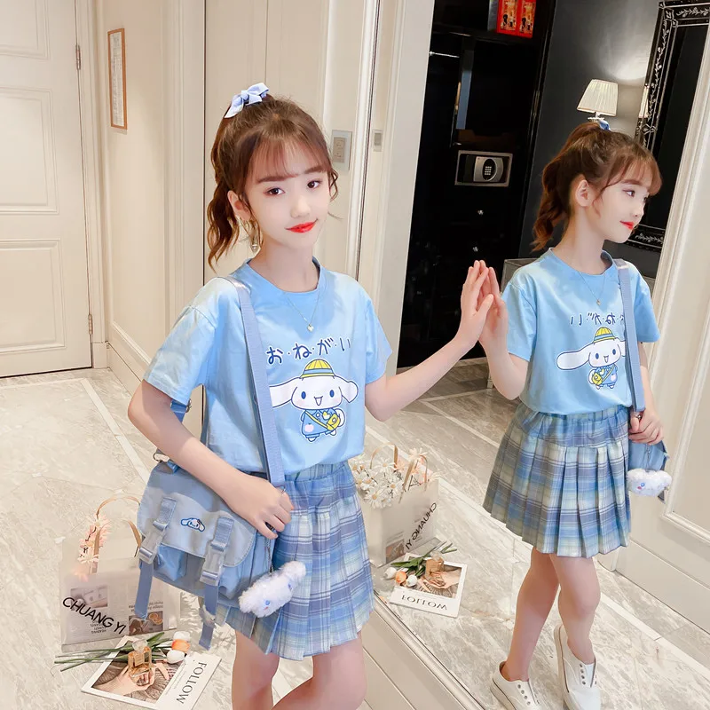 

Cinnamoroll Y2K Short-Sleeved Pleated Skirt Sanrio Anime Kawaii Student Loose Casual Fashion Soft Comfortable Sweet Girly Suit