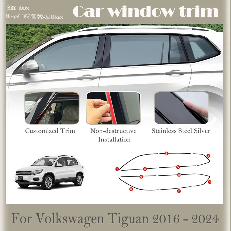 Фото Декоративные накладки на окна автомобиля для Volkswagen Tiguan L Allspace R-Line BJ/BW 2016-2024, из нержавеющей стали, противоударные, декоративные защитные наклейки №1