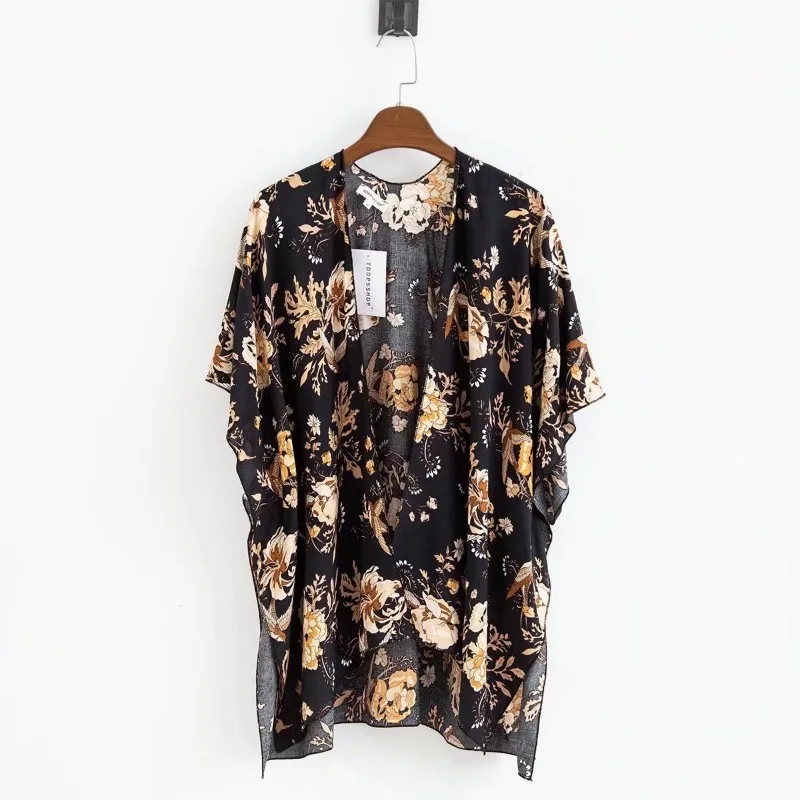 

Женское хлопковое кимоно с длинными рукавами, свободное кимоно из вискозы с V-образным вырезом и цветочным принтом, кардиган на весну